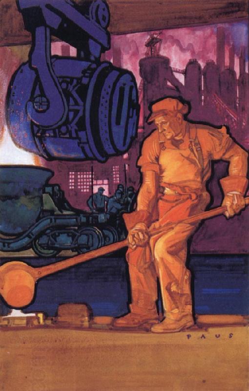 Herbert Paus Pouring molten steel at the Foundary oil painting picture